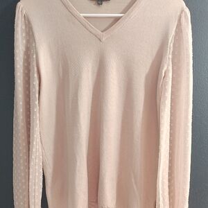 Adrianna Papell Blush Pink V-Neck Sweater with Pokodot Sheer Long Sleeves